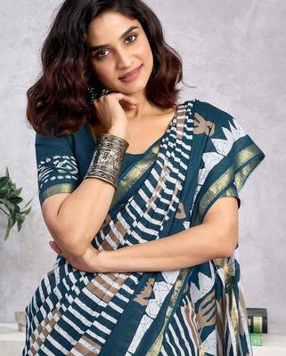 Blue  cotton block printed ready to wear saree blouse piece 3
