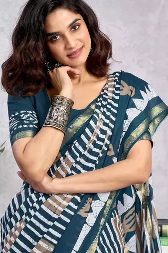 Blue  cotton block printed ready to wear saree blouse piece