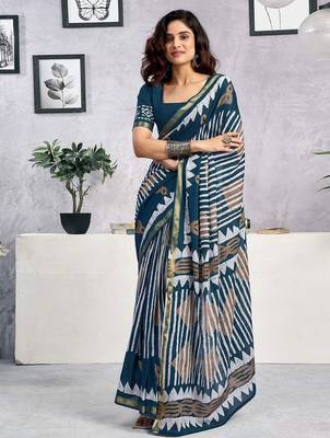 Blue  cotton block printed ready to wear saree blouse piece 5