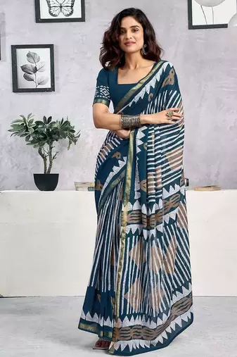 Blue  cotton block printed ready to wear saree blouse piece