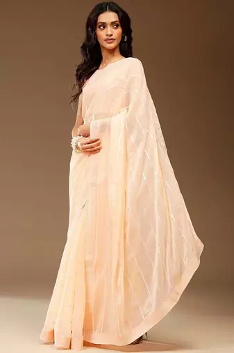 Peach embellished chiffon party saree