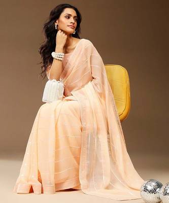 Peach embellished chiffon party saree 3