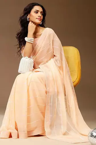 Peach embellished chiffon party saree