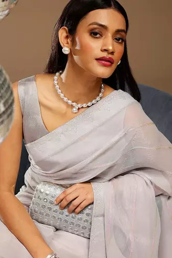 Grey ethnic embellished party chiffon saree
