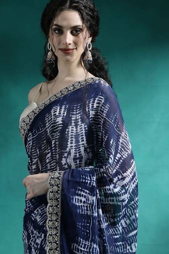 Blue embroidered georgette tie & dye sarees