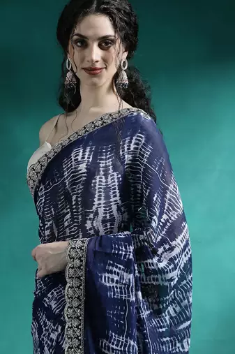 Blue embroidered georgette tie & dye sarees