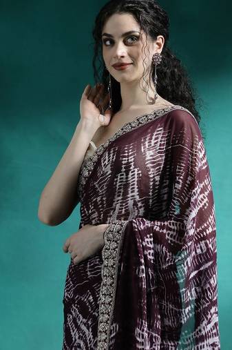 Brown tie and dye printed sequinned embroidered sarees