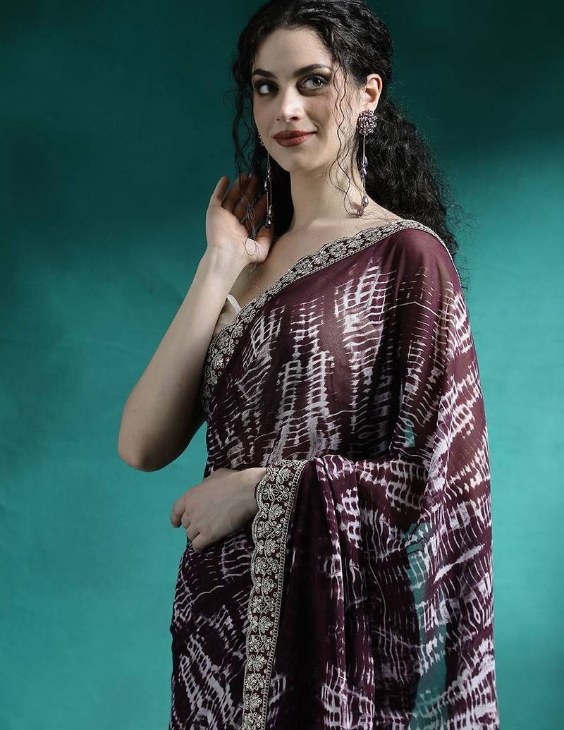 Brown tie and dye printed sequinned embroidered sarees