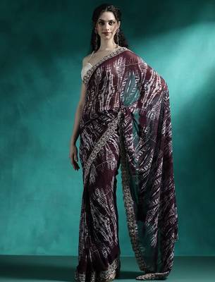 Brown tie and dye printed sequinned embroidered sarees 2