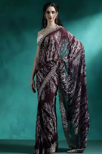 Brown tie and dye printed sequinned embroidered sarees