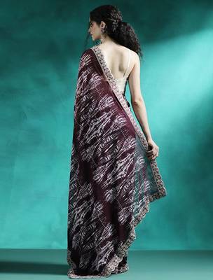 Brown tie and dye printed sequinned embroidered sarees 3