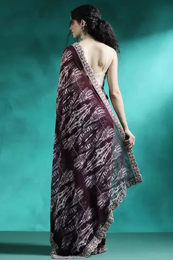 Brown tie and dye printed sequinned embroidered sarees