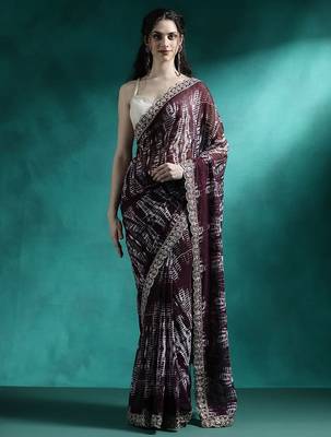 Brown tie and dye printed sequinned embroidered sarees 4