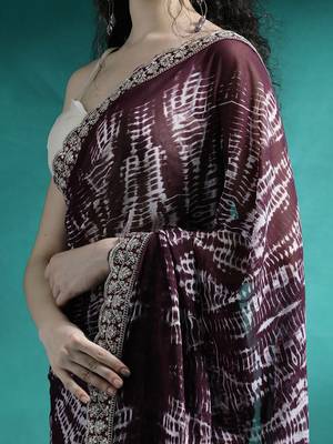 Brown tie and dye printed sequinned embroidered sarees 5