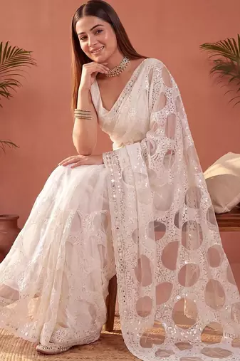 Off white sequinned net designer saree