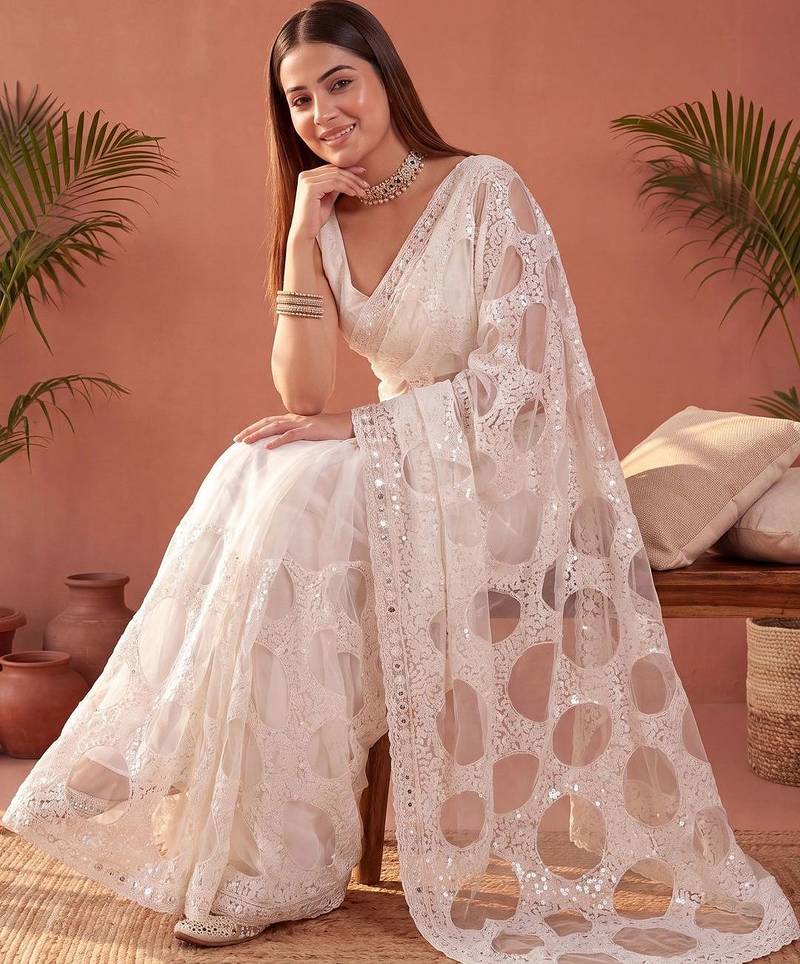 Off white sequinned net designer saree