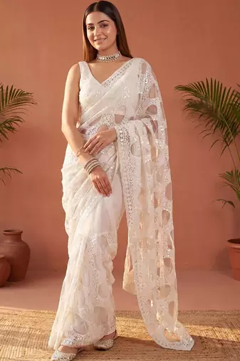 Off white sequinned net designer saree