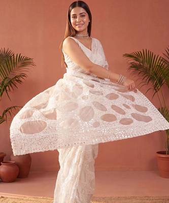 Off white sequinned net designer saree 3