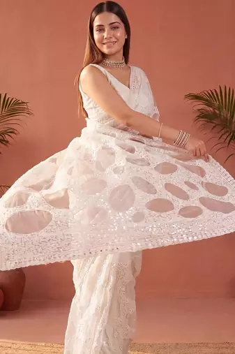 Off white sequinned net designer saree