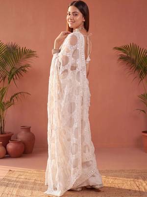 Off white sequinned net designer saree 4