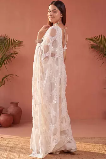 Off white sequinned net designer saree