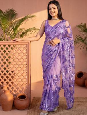 Lavender sequinned net designer saree 1
