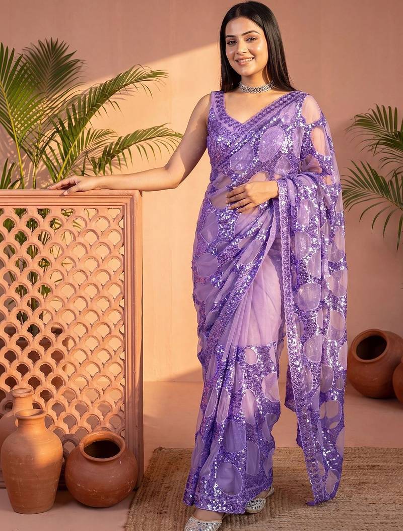 Lavender sequinned net designer saree