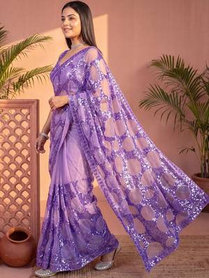 Lavender sequinned net designer saree 2