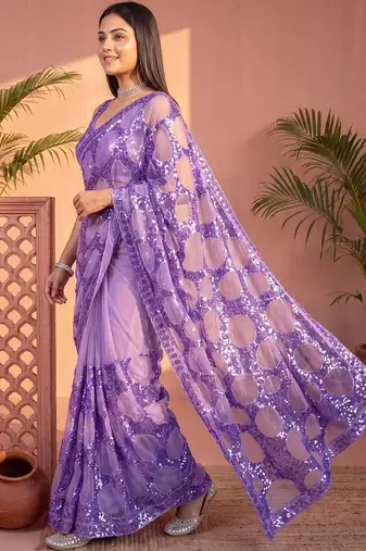 Lavender sequinned net designer saree