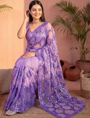Lavender sequinned net designer saree 3