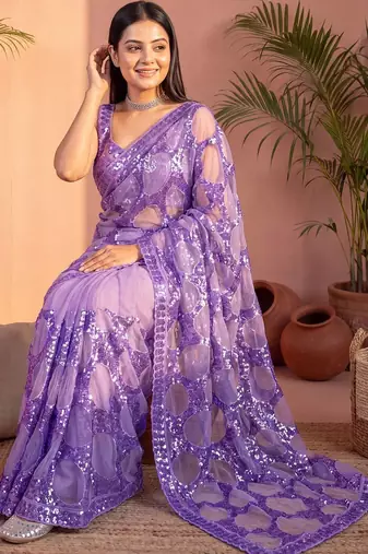 Lavender sequinned net designer saree