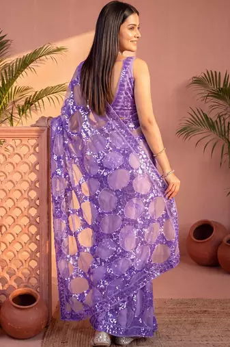 Lavender sequinned net designer saree