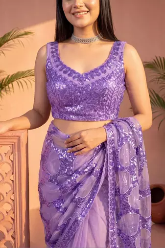 Lavender sequinned net designer saree