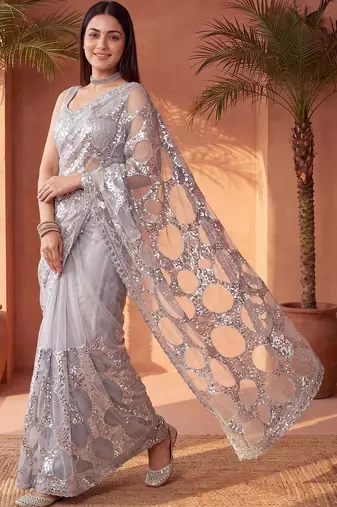 Grey sequinned net designer saree