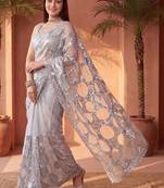 Grey sequinned net designer saree