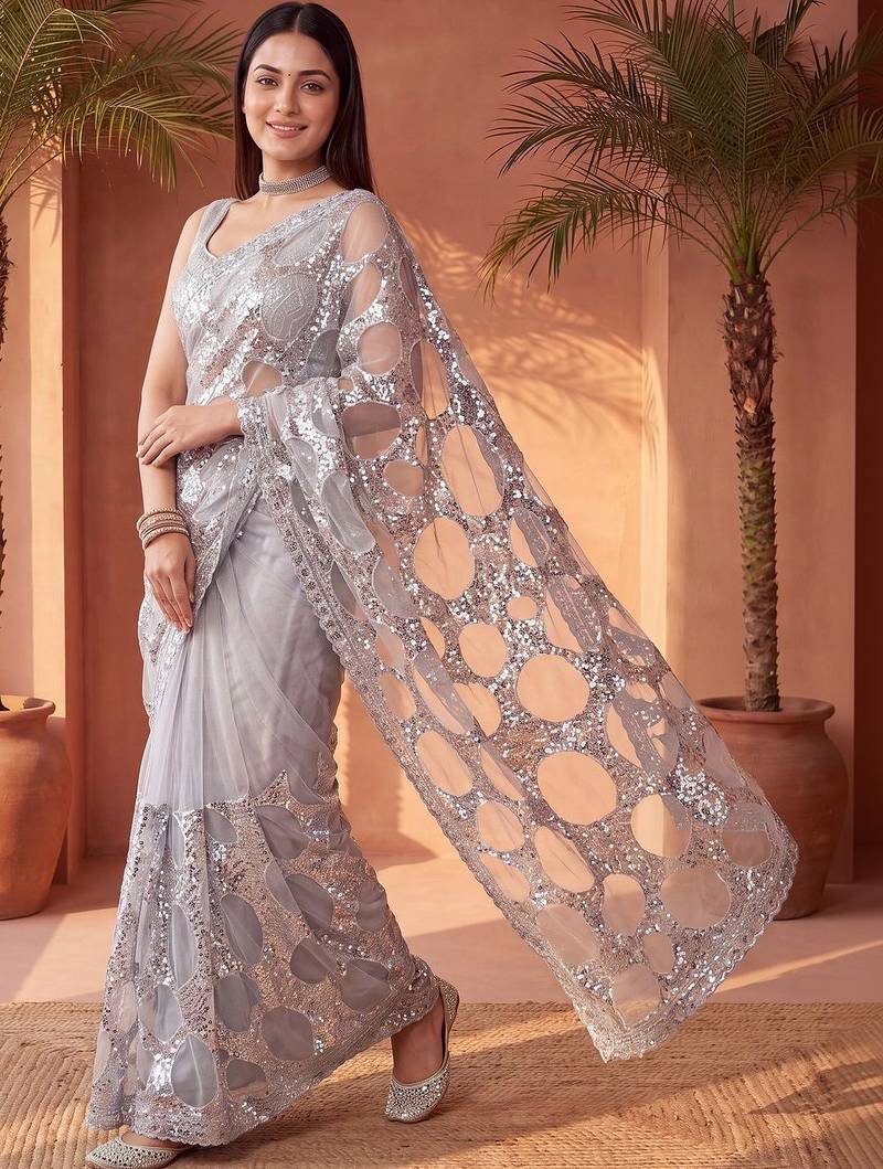 Grey sequinned net designer saree