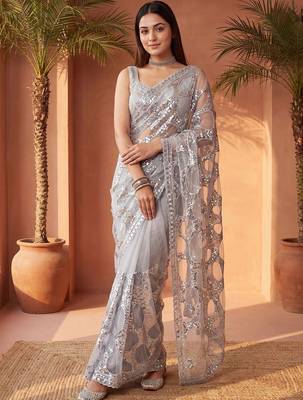 Grey sequinned net designer saree 2