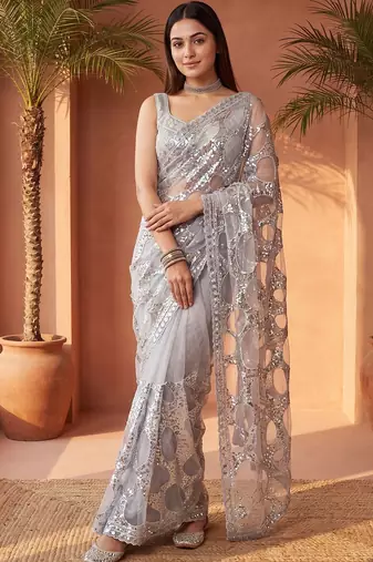 Grey sequinned net designer saree
