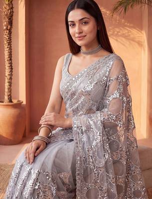 Grey sequinned net designer saree 3