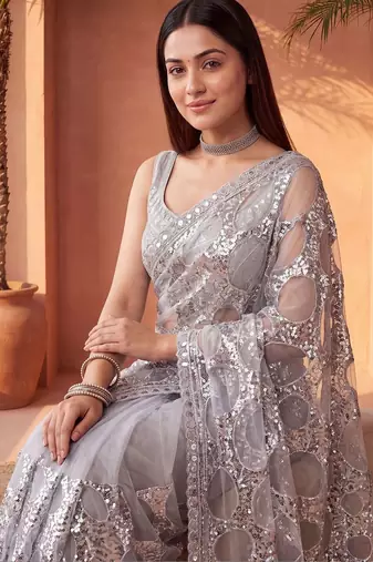 Grey sequinned net designer saree