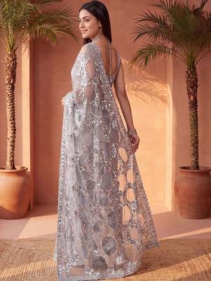 Grey sequinned net designer saree 4