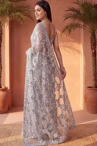 Grey sequinned net designer saree