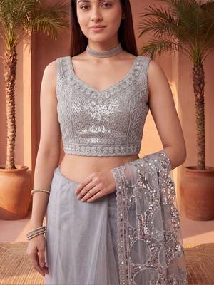 Grey sequinned net designer saree 5