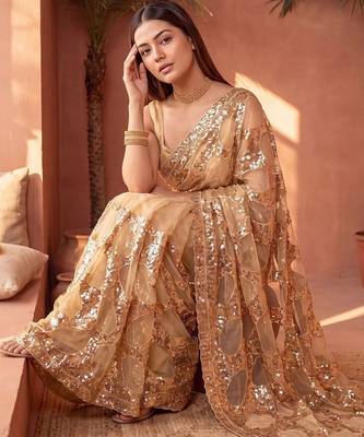 Gold embellished sequinned net designer saree 1