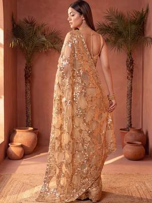 Gold embellished sequinned net designer saree 4