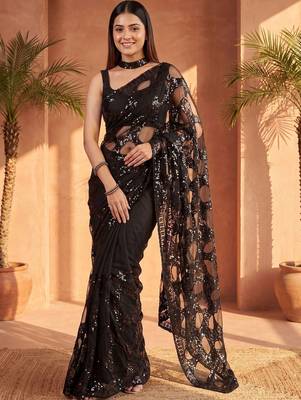 Black embellished sequinned net designer saree 1