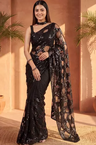 Black embellished sequinned net designer saree