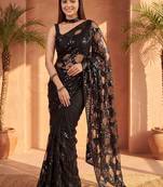Black embellished sequinned net designer saree