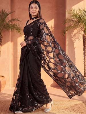 Black embellished sequinned net designer saree 2