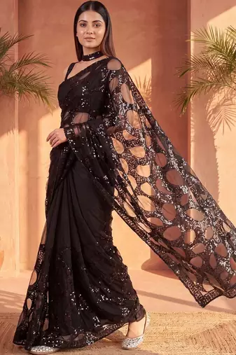 Black embellished sequinned net designer saree